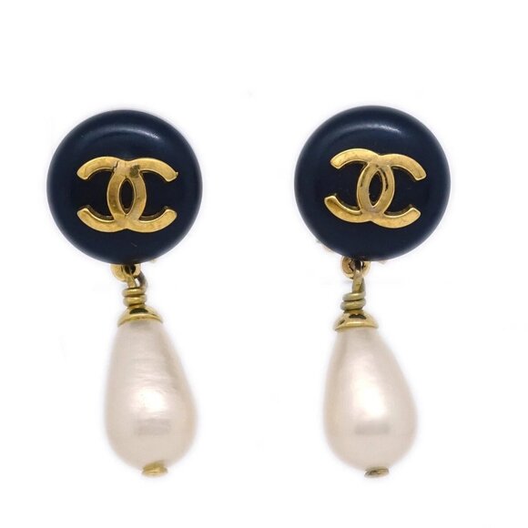 Chanel Artificial Pearl Dangle Earrings Clip-On Black 95P 29891 - Picture 1 of 4